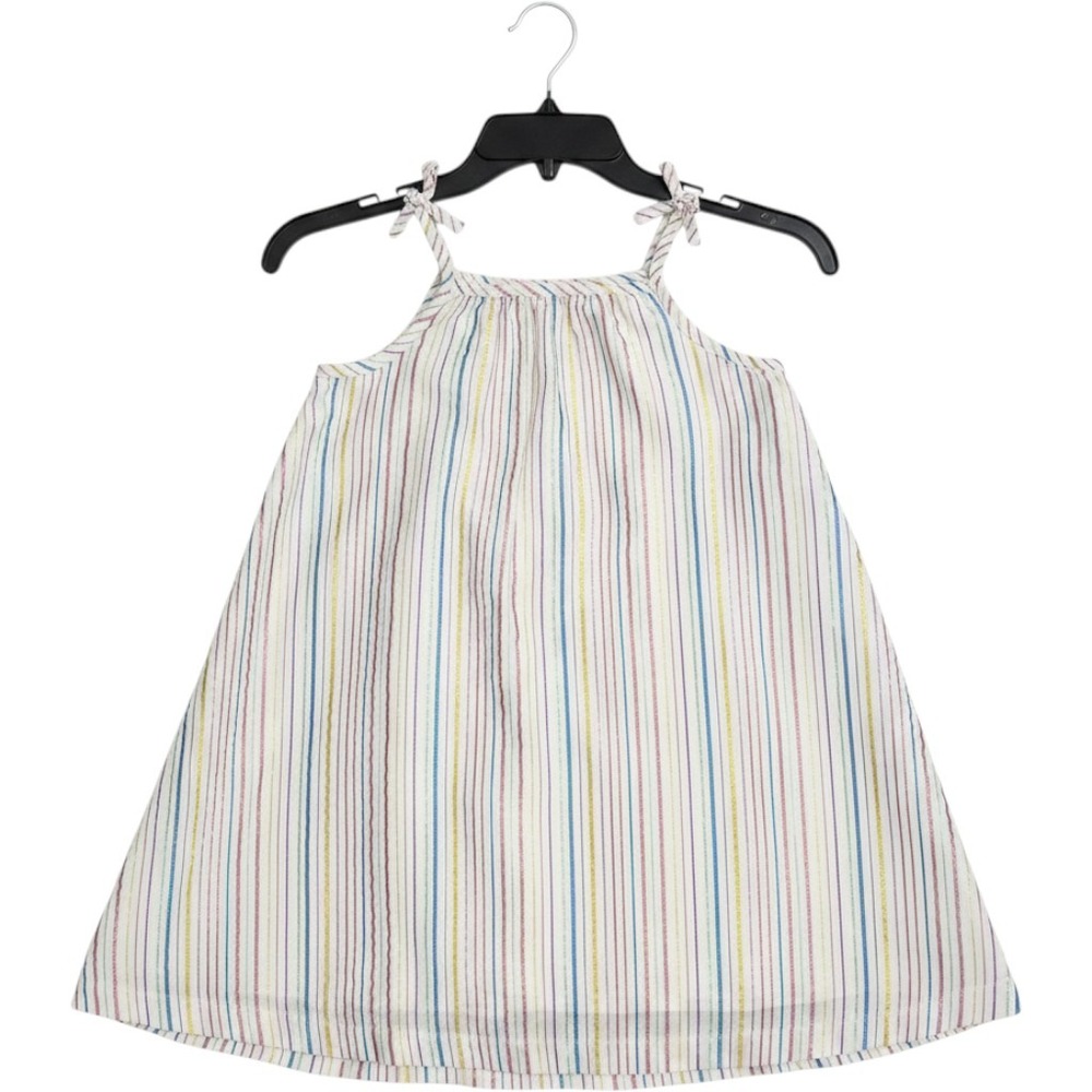 Hanna Andersson Girls 120/7 Rainbow Metallic Stripe Tie Shoulder Sundress White